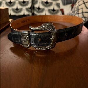 Onyx vintage Black Leather Belt with Silver Buckle